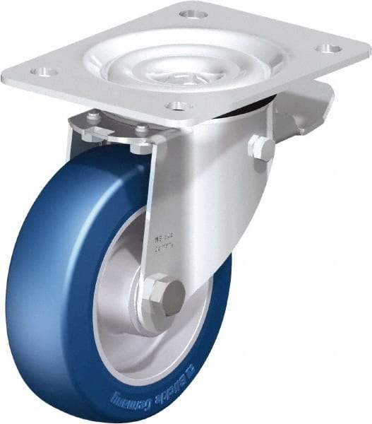 Blickle - 5" Diam x 1-37/64" Wide x 6-7/64" OAH Top Plate Mount Swivel Caster with Brake - Polyurethane-Elastomer Blickle Besthane, 770 Lb Capacity, Ball Bearing, 5-1/2 x 4-3/8" Plate - Eagle Tool & Supply