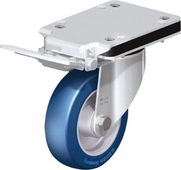 Blickle - 5" Diam x 1-37/64" Wide x 5-25/32" OAH Top Plate Mount Swivel Caster with Brake - Polyurethane-Elastomer Blickle Besthane, 770 Lb Capacity, Ball Bearing, 5-1/2 x 4-3/8" Plate - Eagle Tool & Supply