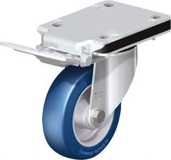Blickle - 5" Diam x 1-37/64" Wide x 5-25/32" OAH Top Plate Mount Swivel Caster with Brake - Polyurethane-Elastomer Blickle Besthane, 770 Lb Capacity, Ball Bearing, 5-1/2 x 4-3/8" Plate - Eagle Tool & Supply