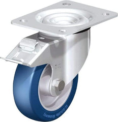 Blickle - 5" Diam x 1-37/64" Wide x 6-7/64" OAH Top Plate Mount Swivel Caster with Brake - Polyurethane-Elastomer Blickle Besthane, 770 Lb Capacity, Ball Bearing, 5-1/2 x 4-3/8" Plate - Eagle Tool & Supply