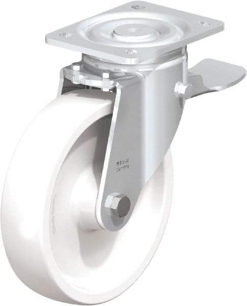 Blickle - 8" Diam x 1-31/32" Wide x 9-41/64" OAH Top Plate Mount Swivel Caster with Brake - Impact-Resistant Nylon, 1,980 Lb Capacity, Plain Bore Bearing, 5-1/2 x 4-3/8" Plate - Eagle Tool & Supply