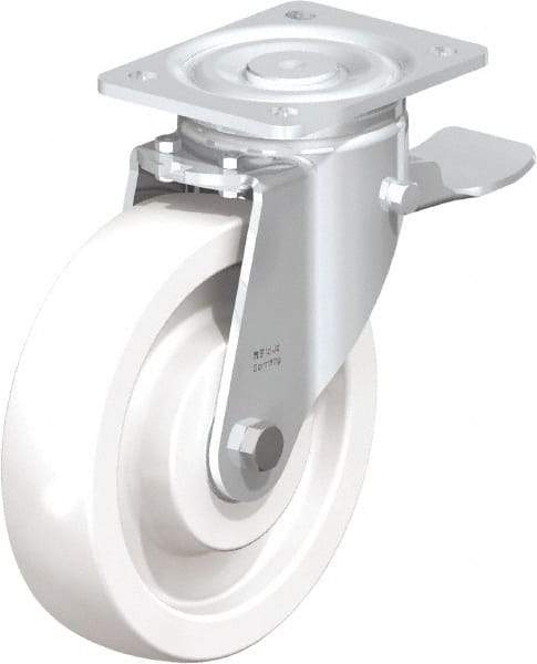 Blickle - 8" Diam x 1-31/32" Wide x 9-41/64" OAH Top Plate Mount Swivel Caster with Brake - Impact-Resistant Nylon, 1,980 Lb Capacity, Ball Bearing, 5-1/2 x 4-3/8" Plate - Eagle Tool & Supply