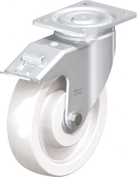 Blickle - 8" Diam x 1-31/32" Wide x 9-41/64" OAH Top Plate Mount Swivel Caster with Brake - Impact-Resistant Nylon, 1,980 Lb Capacity, Ball Bearing, 5-1/2 x 4-3/8" Plate - Eagle Tool & Supply