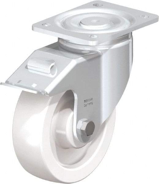 Blickle - 6-1/2" Diam x 1-31/32" Wide x 7-3/4" OAH Top Plate Mount Swivel Caster with Brake - Impact-Resistant Nylon, 1,870 Lb Capacity, Plain Bore Bearing, 5-1/2 x 4-3/8" Plate - Eagle Tool & Supply