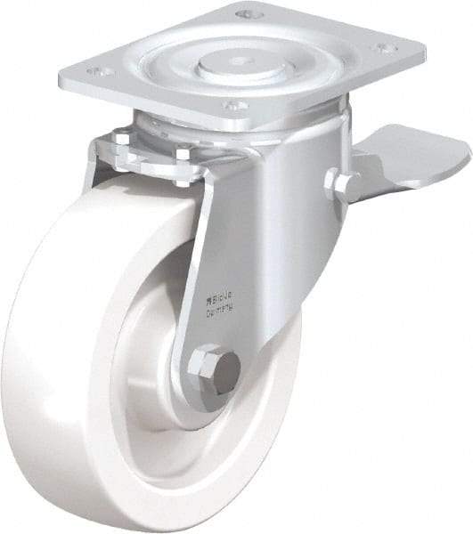 Blickle - 6-1/2" Diam x 1-31/32" Wide x 7-3/4" OAH Top Plate Mount Swivel Caster with Brake - Impact-Resistant Nylon, 1,870 Lb Capacity, Plain Bore Bearing, 5-1/2 x 4-3/8" Plate - Eagle Tool & Supply