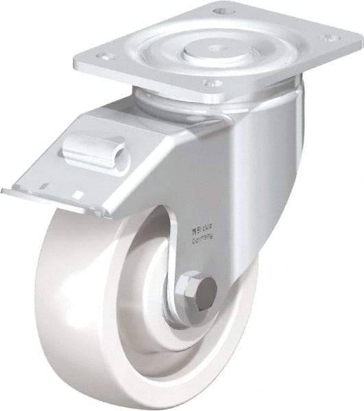 Blickle - 6" Diam x 1-31/32" Wide x 7-3/4" OAH Top Plate Mount Swivel Caster with Brake - Impact-Resistant Nylon, 1,760 Lb Capacity, Ball Bearing, 5-1/2 x 4-3/8" Plate - Eagle Tool & Supply