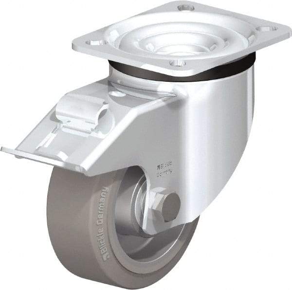Blickle - 4" Diam x 1-37/64" Wide x 5-7/64" OAH Top Plate Mount Swivel Caster with Brake - Solid Rubber, 440 Lb Capacity, Ball Bearing, 3-15/16 x 3-3/8" Plate - Eagle Tool & Supply