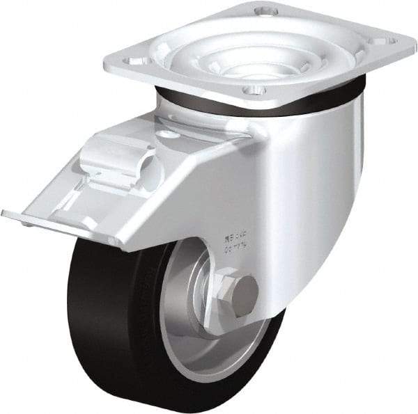 Blickle - 4" Diam x 1-37/64" Wide x 5-7/64" OAH Top Plate Mount Swivel Caster with Brake - Solid Rubber, 440 Lb Capacity, Ball Bearing, 3-15/16 x 3-3/8" Plate - Eagle Tool & Supply