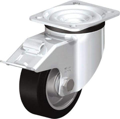 Blickle - 4" Diam x 1-37/64" Wide x 5-7/64" OAH Top Plate Mount Swivel Caster with Brake - Solid Rubber, 440 Lb Capacity, Ball Bearing, 3-15/16 x 3-3/8" Plate - Eagle Tool & Supply