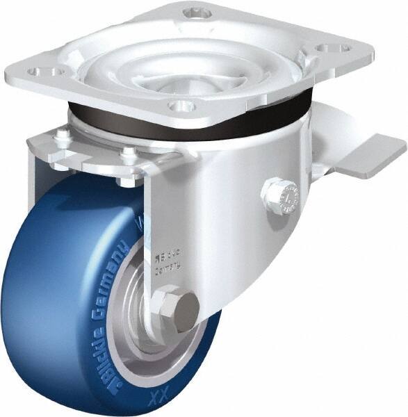 Blickle - 3" Diam x 1-37/64" Wide x 4-21/64" OAH Top Plate Mount Swivel Caster with Brake - Polyurethane-Elastomer Blickle Besthane, 506 Lb Capacity, Ball Bearing, 3-15/16 x 3-3/8" Plate - Eagle Tool & Supply