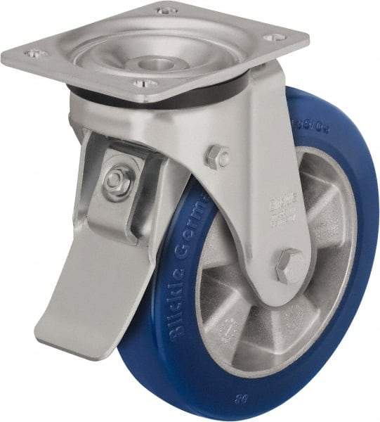 Blickle - 6-1/2" Diam x 1-31/32" Wide x 7-61/64" OAH Top Plate Mount Swivel Caster with Brake - Polyurethane-Elastomer Blickle Besthane, 1,210 Lb Capacity, Ball Bearing, 5-1/2 x 4-3/8" Plate - Eagle Tool & Supply
