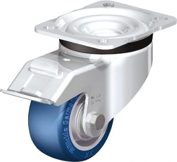 Blickle - 3" Diam x 1-37/64" Wide x 4-21/64" OAH Top Plate Mount Swivel Caster with Brake - Polyurethane-Elastomer Blickle Besthane, 506 Lb Capacity, Ball Bearing, 3-15/16 x 3-3/8" Plate - Eagle Tool & Supply