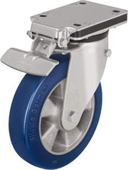 Blickle - 8" Diam x 1-31/32" Wide x 10-5/16" OAH Top Plate Mount Swivel Caster with Brake - Polyurethane-Elastomer Blickle Besthane, 1,320 Lb Capacity, Ball Bearing, 5-1/2 x 4-3/8" Plate - Eagle Tool & Supply