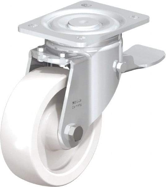 Blickle - 6" Diam x 1-31/32" Wide x 7-3/4" OAH Top Plate Mount Swivel Caster with Brake - Impact-Resistant Nylon, 1,760 Lb Capacity, Plain Bore Bearing, 5-1/2 x 4-3/8" Plate - Eagle Tool & Supply