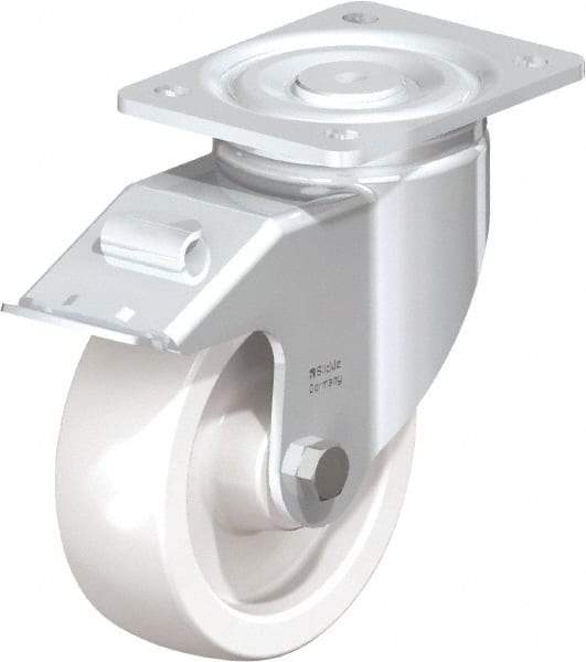 Blickle - 6" Diam x 1-31/32" Wide x 7-3/4" OAH Top Plate Mount Swivel Caster with Brake - Impact-Resistant Nylon, 1,760 Lb Capacity, Plain Bore Bearing, 5-1/2 x 4-3/8" Plate - Eagle Tool & Supply