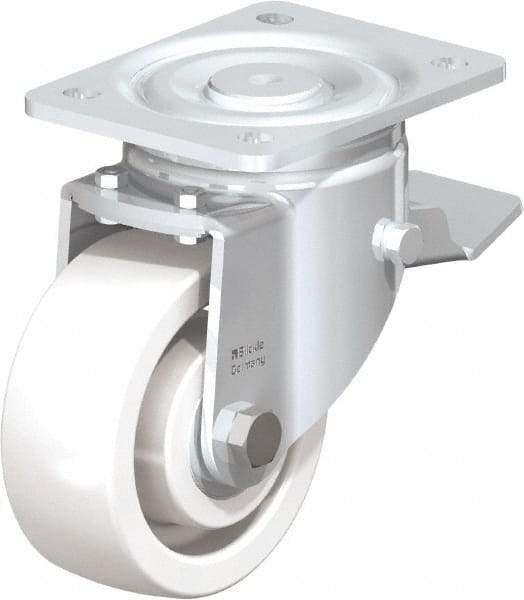 Blickle - 5" Diam x 1-31/32" Wide x 6-11/16" OAH Top Plate Mount Swivel Caster with Brake - Impact-Resistant Nylon, 1,650 Lb Capacity, Ball Bearing, 5-1/2 x 4-3/8" Plate - Eagle Tool & Supply