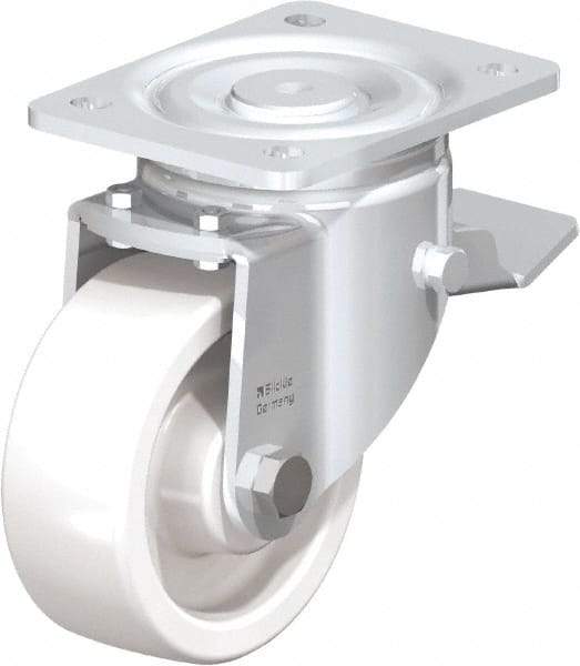Blickle - 5" Diam x 1-31/32" Wide x 6-11/16" OAH Top Plate Mount Swivel Caster with Brake - Impact-Resistant Nylon, 1,650 Lb Capacity, Plain Bore Bearing, 5-1/2 x 4-3/8" Plate - Eagle Tool & Supply
