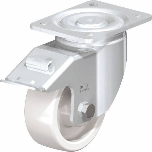 Blickle - 5" Diam x 1-31/32" Wide x 6-11/16" OAH Top Plate Mount Swivel Caster with Brake - Impact-Resistant Nylon, 1,650 Lb Capacity, Plain Bore Bearing, 5-1/2 x 4-3/8" Plate - Eagle Tool & Supply