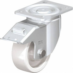 Blickle - 5" Diam x 1-31/32" Wide x 6-11/16" OAH Top Plate Mount Swivel Caster with Brake - Impact-Resistant Nylon, 1,650 Lb Capacity, Plain Bore Bearing, 5-1/2 x 4-3/8" Plate - Eagle Tool & Supply