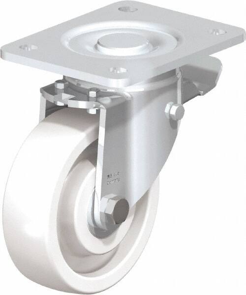 Blickle - 5" Diam x 1-29/64" Wide x 6-1/2" OAH Top Plate Mount Swivel Caster with Brake - Impact-Resistant Nylon, 1,540 Lb Capacity, Ball Bearing, 5-1/2 x 4-3/8" Plate - Eagle Tool & Supply