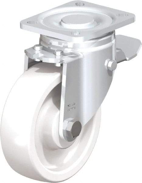 Blickle - 5" Diam x 1-29/64" Wide x 6-1/2" OAH Top Plate Mount Swivel Caster with Brake - Impact-Resistant Nylon, 1,540 Lb Capacity, Plain Bore Bearing, 3-15/16 x 3-3/8" Plate - Eagle Tool & Supply