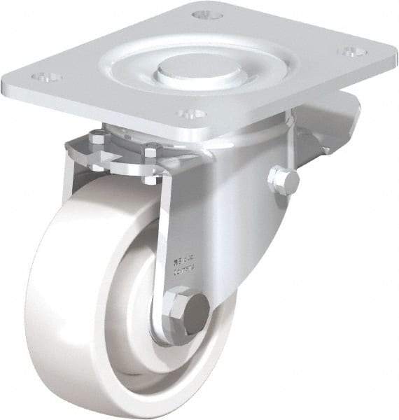 Blickle - 4" Diam x 1-29/64" Wide x 6-1/2" OAH Top Plate Mount Swivel Caster with Brake - Impact-Resistant Nylon, 1,100 Lb Capacity, Ball Bearing, 5-1/2 x 4-3/8" Plate - Eagle Tool & Supply