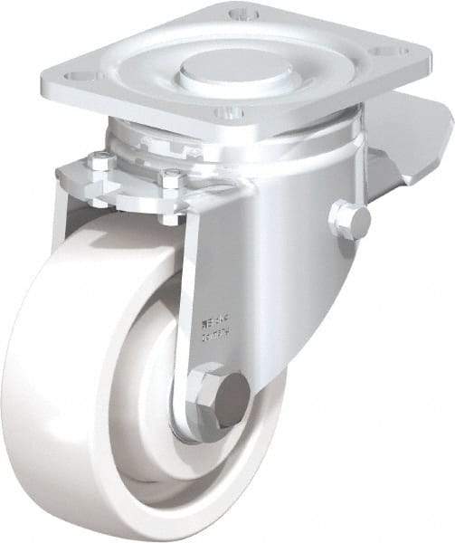 Blickle - 4" Diam x 1-29/64" Wide x 5-33/64" OAH Top Plate Mount Swivel Caster with Brake - Impact-Resistant Nylon, 1,100 Lb Capacity, Ball Bearing, 3-15/16 x 3-3/8" Plate - Eagle Tool & Supply