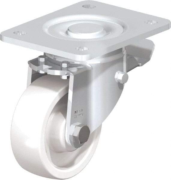 Blickle - 4" Diam x 1-29/64" Wide x 5-33/64" OAH Top Plate Mount Swivel Caster with Brake - Impact-Resistant Nylon, 1,100 Lb Capacity, Plain Bore Bearing, 5-1/2 x 4-3/8" Plate - Eagle Tool & Supply