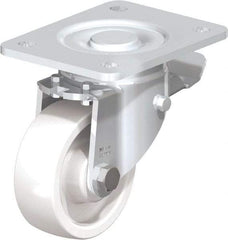 Blickle - 4" Diam x 1-29/64" Wide x 5-33/64" OAH Top Plate Mount Swivel Caster with Brake - Impact-Resistant Nylon, 1,100 Lb Capacity, Plain Bore Bearing, 5-1/2 x 4-3/8" Plate - Eagle Tool & Supply