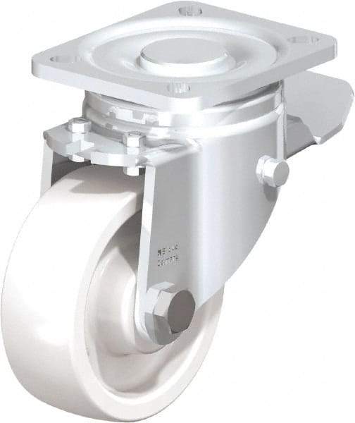 Blickle - 4" Diam x 1-29/64" Wide x 5-33/64" OAH Top Plate Mount Swivel Caster with Brake - Impact-Resistant Nylon, 1,100 Lb Capacity, Plain Bore Bearing, 3-15/16 x 3-3/8" Plate - Eagle Tool & Supply