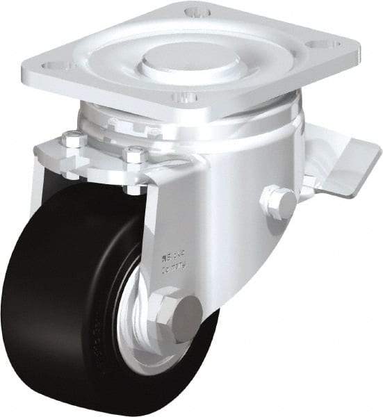 Blickle - 3" Diam x 1-49/64" Wide x 4-23/32" OAH Top Plate Mount Swivel Caster with Brake - Solid Rubber, 440 Lb Capacity, Ball Bearing, 3-15/16 x 3-3/8" Plate - Eagle Tool & Supply