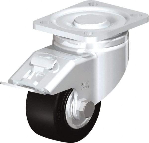 Blickle - 3" Diam x 1-49/64" Wide x 4-23/32" OAH Top Plate Mount Swivel Caster with Brake - Solid Rubber, 440 Lb Capacity, Ball Bearing, 3-15/16 x 3-3/8" Plate - Eagle Tool & Supply
