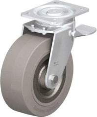 Blickle - 8" Diam x 3-9/64" Wide x 9-41/64" OAH Top Plate Mount Swivel Caster with Brake - Solid Rubber, 1,870 Lb Capacity, Ball Bearing, 5-1/2 x 4-3/8" Plate - Eagle Tool & Supply