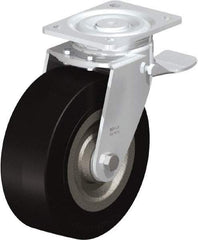 Blickle - 8" Diam x 3-9/64" Wide x 9-41/64" OAH Top Plate Mount Swivel Caster with Brake - Solid Rubber, 1,870 Lb Capacity, Ball Bearing, 5-1/2 x 4-3/8" Plate - Eagle Tool & Supply