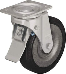 Blickle - 6-1/2" Diam x 1-31/32" Wide x 7-61/64" OAH Top Plate Mount Swivel Caster with Brake - Solid Rubber, 990 Lb Capacity, Ball Bearing, 5-1/2 x 4-3/8" Plate - Eagle Tool & Supply