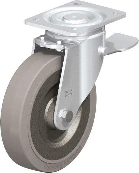 Blickle - 8" Diam x 1-31/32" Wide x 9-41/64" OAH Top Plate Mount Swivel Caster with Brake - Solid Rubber, 1,320 Lb Capacity, Ball Bearing, 5-1/2 x 4-3/8" Plate - Eagle Tool & Supply