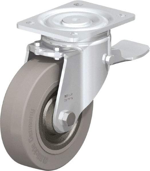 Blickle - 6-1/2" Diam x 1-31/32" Wide x 7-61/64" OAH Top Plate Mount Swivel Caster with Brake - Solid Rubber, 990 Lb Capacity, Ball Bearing, 5-1/2 x 4-3/8" Plate - Eagle Tool & Supply