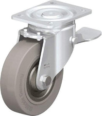 Blickle - 6-1/2" Diam x 1-31/32" Wide x 7-61/64" OAH Top Plate Mount Swivel Caster with Brake - Solid Rubber, 990 Lb Capacity, Ball Bearing, 5-1/2 x 4-3/8" Plate - Eagle Tool & Supply