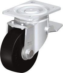 Blickle - 5" Diam x 1-31/32" Wide x 6-11/16" OAH Top Plate Mount Swivel Caster with Brake - Solid Rubber, 704 Lb Capacity, Ball Bearing, 5-1/2 x 4-3/8" Plate - Eagle Tool & Supply