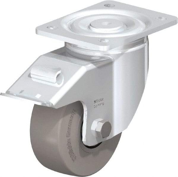 Blickle - 5" Diam x 1-31/32" Wide x 6-11/16" OAH Top Plate Mount Swivel Caster with Brake - Solid Rubber, 704 Lb Capacity, Ball Bearing, 5-1/2 x 4-3/8" Plate - Eagle Tool & Supply