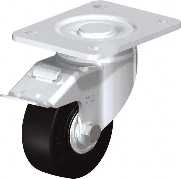 Blickle - 4" Diam x 1-49/64" Wide x 5-33/64" OAH Top Plate Mount Swivel Caster with Brake - Solid Rubber, 594 Lb Capacity, Ball Bearing, 5-1/2 x 4-3/8" Plate - Eagle Tool & Supply