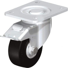 Blickle - 4" Diam x 1-49/64" Wide x 5-33/64" OAH Top Plate Mount Swivel Caster with Brake - Solid Rubber, 594 Lb Capacity, Ball Bearing, 5-1/2 x 4-3/8" Plate - Eagle Tool & Supply