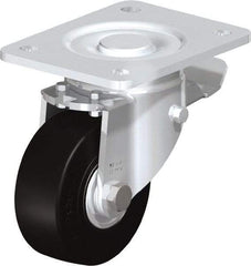 Blickle - 4" Diam x 1-49/64" Wide x 5-33/64" OAH Top Plate Mount Swivel Caster with Brake - Solid Rubber, 594 Lb Capacity, Ball Bearing, 5-1/2 x 4-3/8" Plate - Eagle Tool & Supply