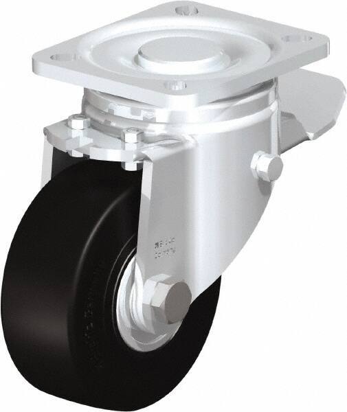 Blickle - 4" Diam x 1-49/64" Wide x 5-33/64" OAH Top Plate Mount Swivel Caster with Brake - Solid Rubber, 594 Lb Capacity, Ball Bearing, 3-15/16 x 3-3/8" Plate - Eagle Tool & Supply