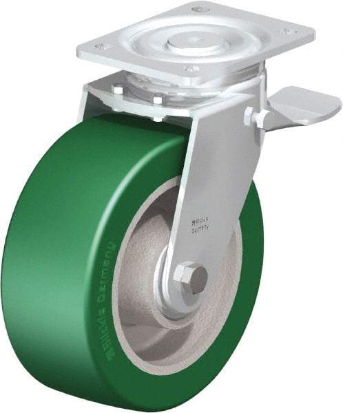 Blickle - 8" Diam x 3-9/64" Wide x 9-41/64" OAH Top Plate Mount Swivel Caster with Brake - Polyurethane-Elastomer Blickle Softhane, 1,760 Lb Capacity, Ball Bearing, 5-1/2 x 4-3/8" Plate - Eagle Tool & Supply