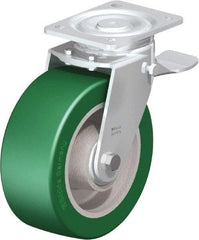 Blickle - 8" Diam x 3-9/64" Wide x 9-41/64" OAH Top Plate Mount Swivel Caster with Brake - Polyurethane-Elastomer Blickle Softhane, 1,760 Lb Capacity, Ball Bearing, 5-1/2 x 4-3/8" Plate - Eagle Tool & Supply