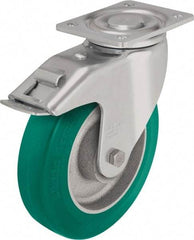 Blickle - 5" Diam x 1-31/32" Wide x 6-11/16" OAH Top Plate Mount Swivel Caster with Brake - Polyurethane-Elastomer Blickle Softhane, 990 Lb Capacity, Ball Bearing, 5-1/2 x 4-3/8" Plate - Eagle Tool & Supply