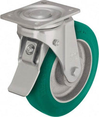 Blickle - 10" Diam x 2-23/64" Wide x 11-39/64" OAH Top Plate Mount Swivel Caster with Brake - Polyurethane-Elastomer Blickle Softhane, 1,980 Lb Capacity, Ball Bearing, 5-1/2 x 4-3/8" Plate - Eagle Tool & Supply