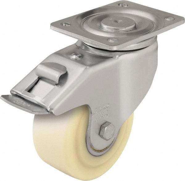 Blickle - 4" Diam x 1-37/64" Wide x 5-33/64" OAH Top Plate Mount Swivel Caster with Brake - Impact-Resistant Cast Nylon, 1,540 Lb Capacity, Ball Bearing, 5-1/2 x 4-3/8" Plate - Eagle Tool & Supply