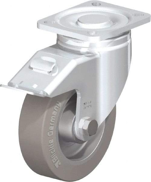 Blickle - 5" Diam x 1-9/16" Wide x 6-1/2" OAH Top Plate Mount Swivel Caster with Brake - Solid Rubber, 550 Lb Capacity, Ball Bearing, 3-15/16 x 3-3/8" Plate - Eagle Tool & Supply